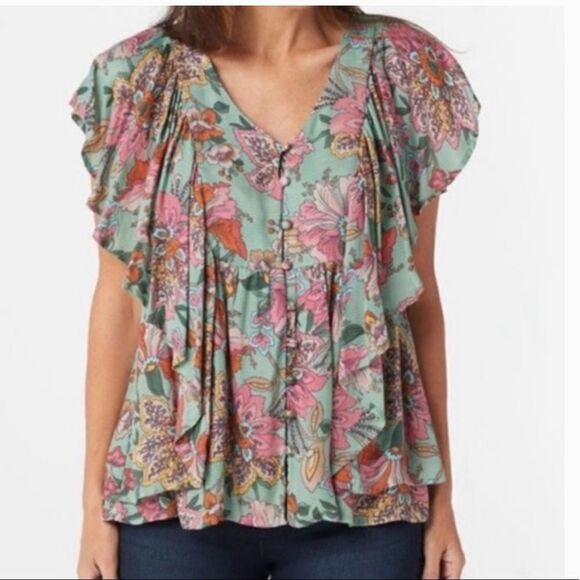 Haute Hippie Tribe Karen Floral Flutter Sleeve Peasant Top - Picture 1 of 10